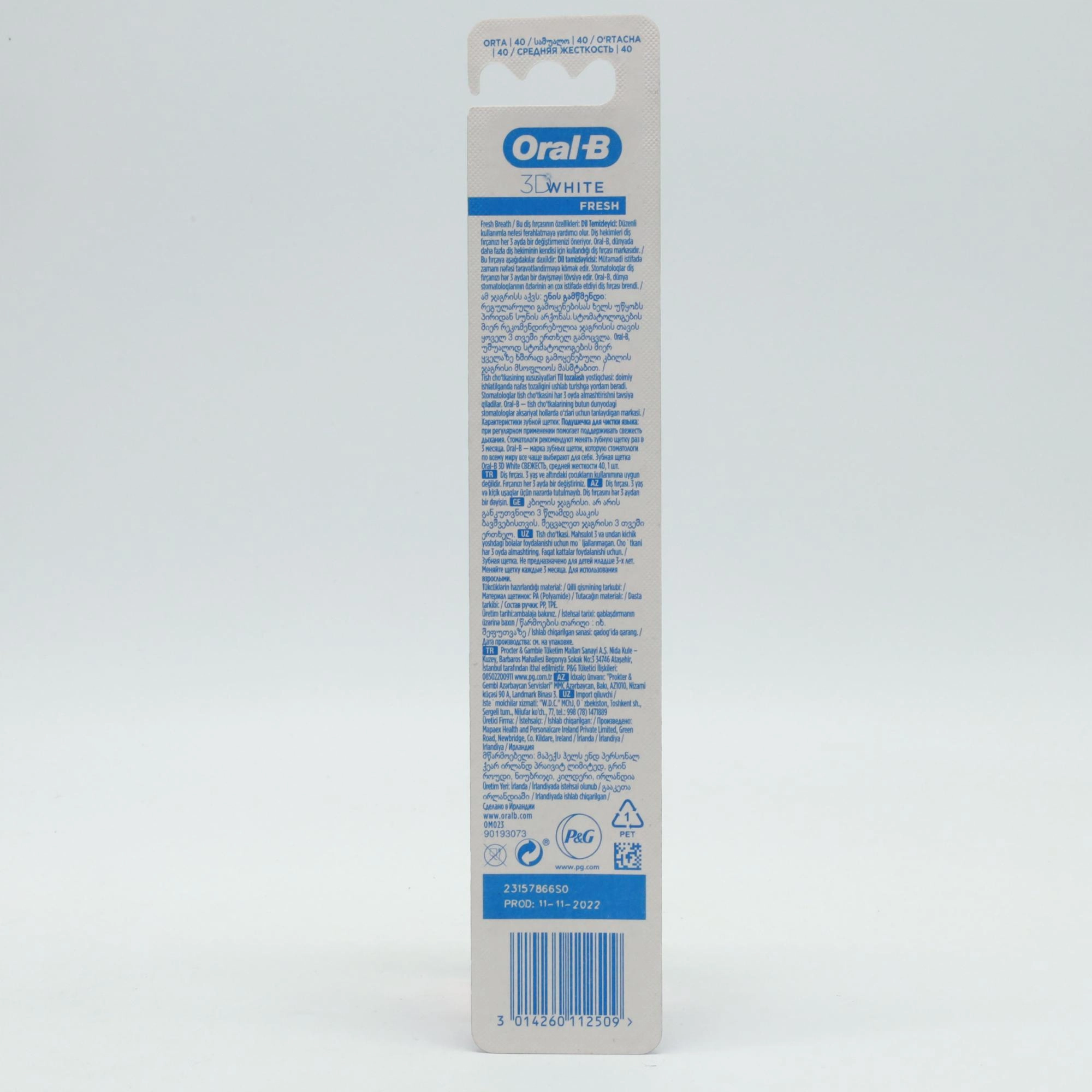 Oral-B Зубной Шотка 3D Wҳите Фреш М 1шт Kottalar uchun zubnoy cho'tkalar Турция