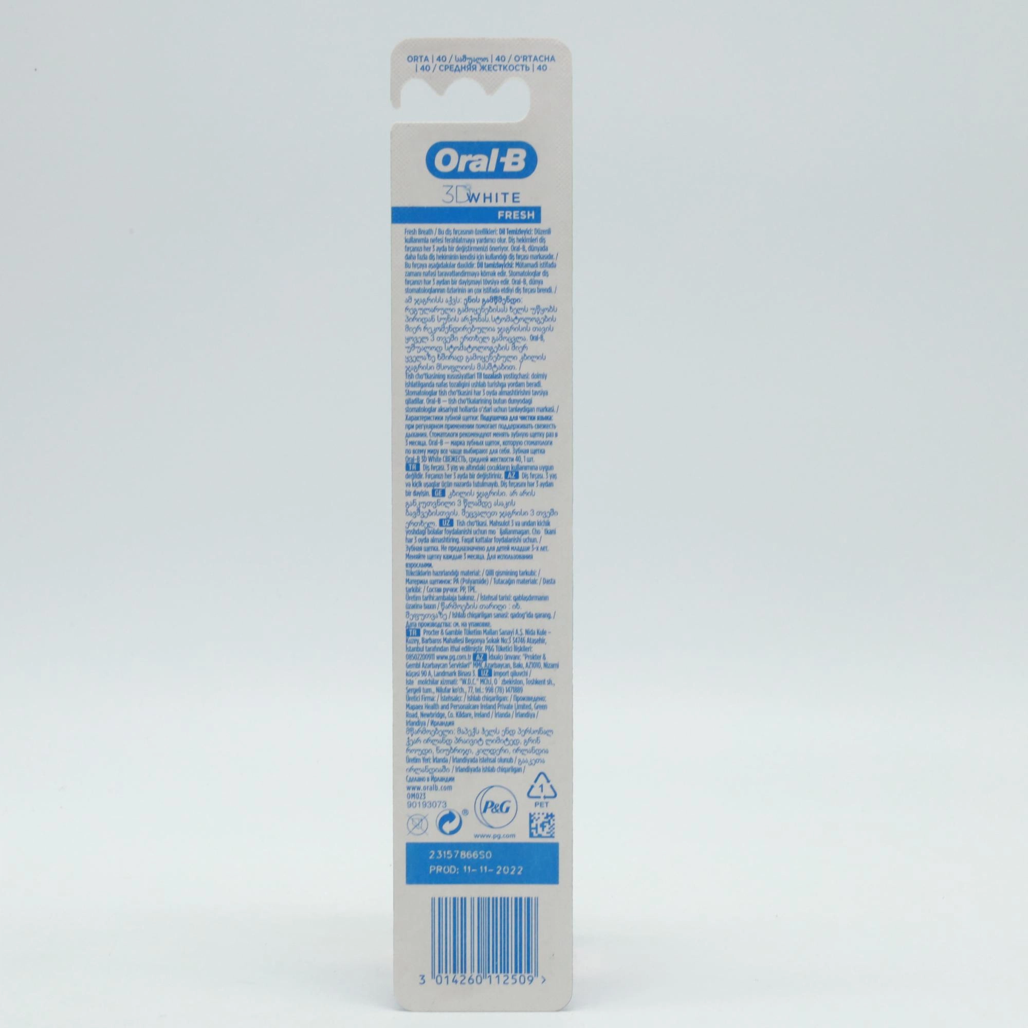 Oral-B Зубной Шотка 3D Wҳите Фреш М 1шт Kottalar uchun zubnoy cho'tkalar Турция